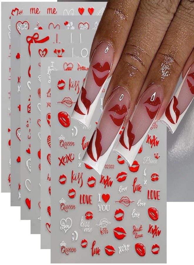 SINSEN Valentine's Day Nail Art Stickers Heart Nail Stickers 6PCS Red Lips Love Heart Envelope Letter 3D Self-Adhesive Valentines Nails Art Design Supplies Manicure Decals Tips for Women DIY Nail Decorations - Image 1